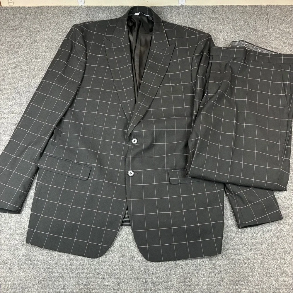 Kilburne & Fitch Mens 50L Black Windowpane Check 2 Piece Suit Blazer Trousers